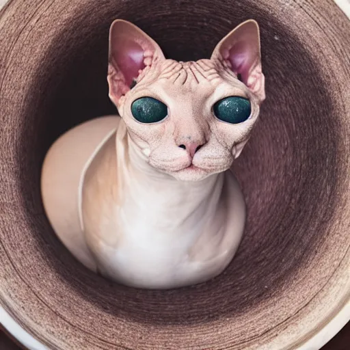 Image similar to close-up of Egyptian sphynx cat looking at camera, fisheye effect