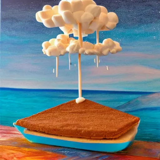 Prompt: graham cracker sailboat floats in a sea of hot chocolate, marshmallows in sky above, abstract environment, award winning art, epic dreamlike fantasy landscape, ultra realistic,