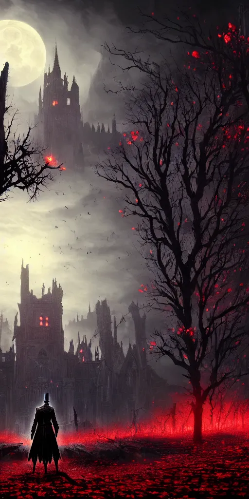 Image similar to abandoned bloodborne old valley with a person at the centre and a ruined gothic city at the end with a big castle, trees and stars in the background, falling red petals, epic red - orange moonlight, perfect lightning, wallpaper illustration by niko delort and kentaro miura, 4 k, ultra realistic