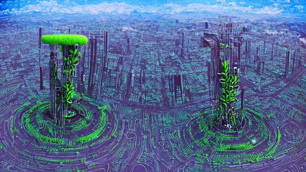 Image similar to Nuclear Nature harmony, a drone shot of Techno-Tree Covered Future version of the City Quito, Ecuador; by Oswaldo Moncayo; oil on canvas; by Beeple