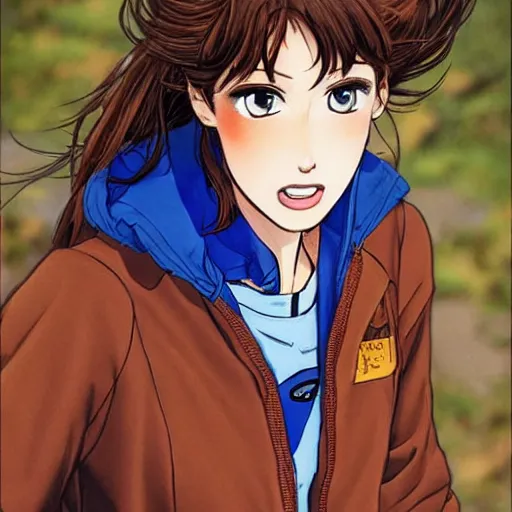 Prompt: Character design of a pretty young woman with messy light-brown hair wearing a bright blue dress and a muddy brown hiking jacket, serious expression, by Yusuke Murata, highly detailed, full-body shot