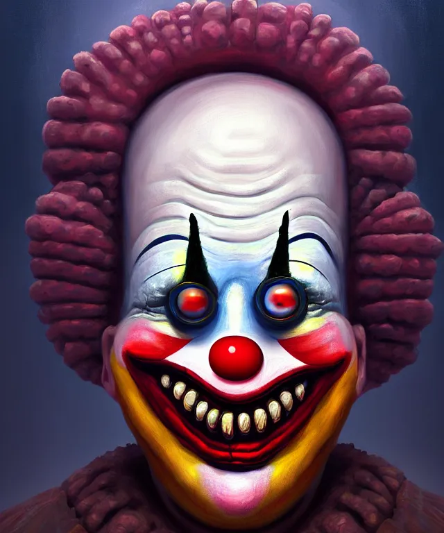 Prompt: a portrait painting of a clown, polycount, surrealism, surrealist, lovecraftian, cosmic horror, high detail