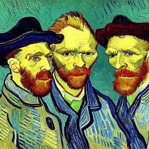 Prompt: high definition portrait of three men talking to each other by Vincent van Gogh