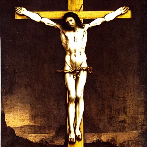 Image similar to Leonardo da Vinci's Vetruvian Man crucified on a cross like Christ