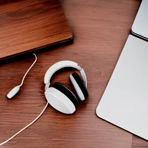Prompt: meze classics headphones on a mahogany desk next to a sleek macbook, wooden headphones, wood headphones, gold metals, high detail, extreme quality, photocraphic, meze audio