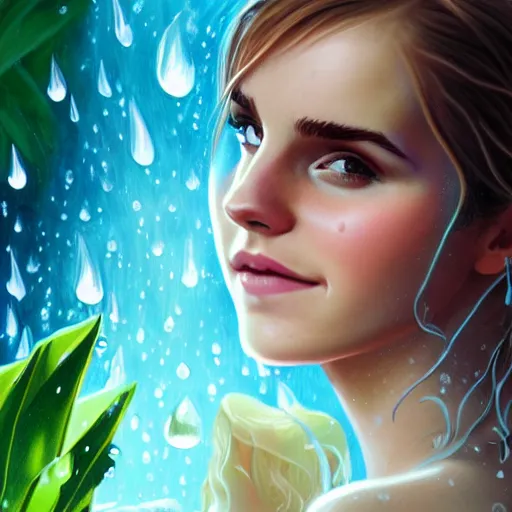 Image similar to a epic mark brooks painting of emma watson as a water fairy holding a raindrop and smiling, 8 k, ultra detailed, lighting, water, big leaves, pond, illustration, trending on art station, digial art by lois van baarle