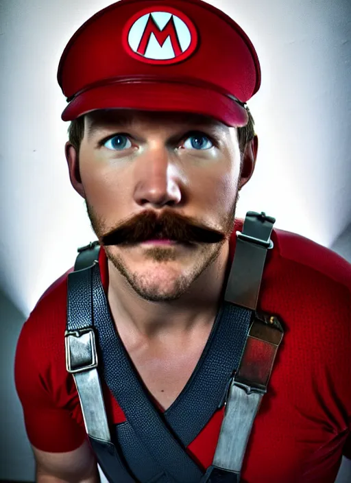 Image similar to chris pratt with a mustache dressed as mario, cosplay, detailed face, promo shoot, studio lighting