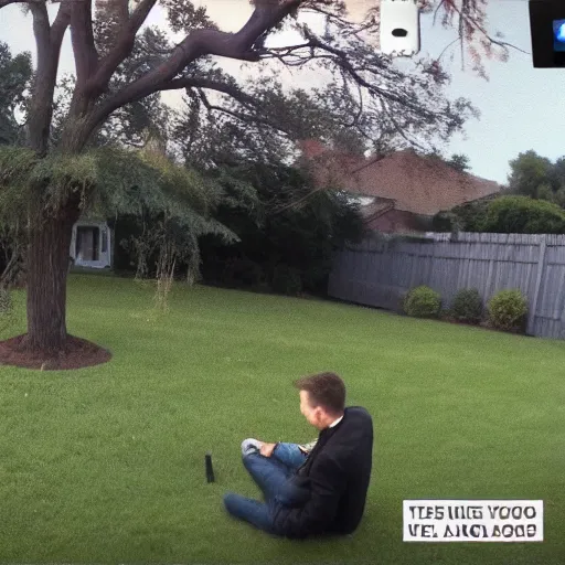 Image similar to security camera footage of drunk elon musk in my backyard staring at a tree. cctv. caught on camera