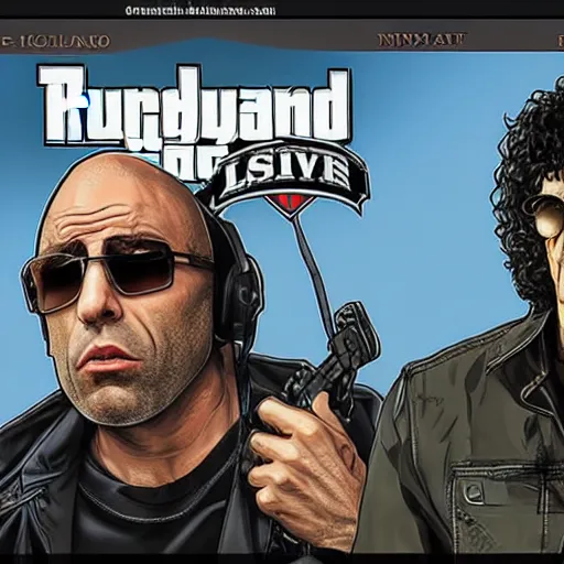 Image similar to Joe Rogan and Howard Stern, in style of Grand Theft Auto, intricate, highly detailed, concept art, smooth, sharp focus, illustration, angry, medium shot, mid-shot