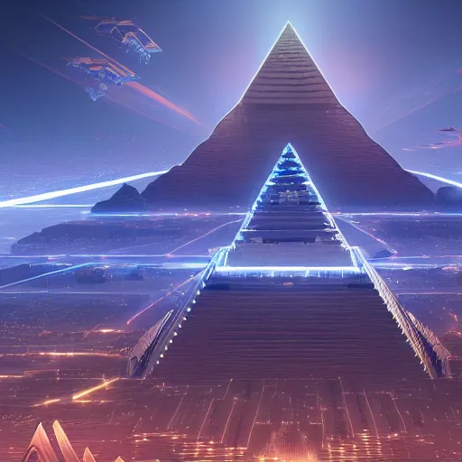 Image similar to a scene of a beautiful intricate epic futuristic pharaoh city with a cyber pyramid, a neo sphynx and hovering chariots taken from a distance, minimalist, cinematic lighting