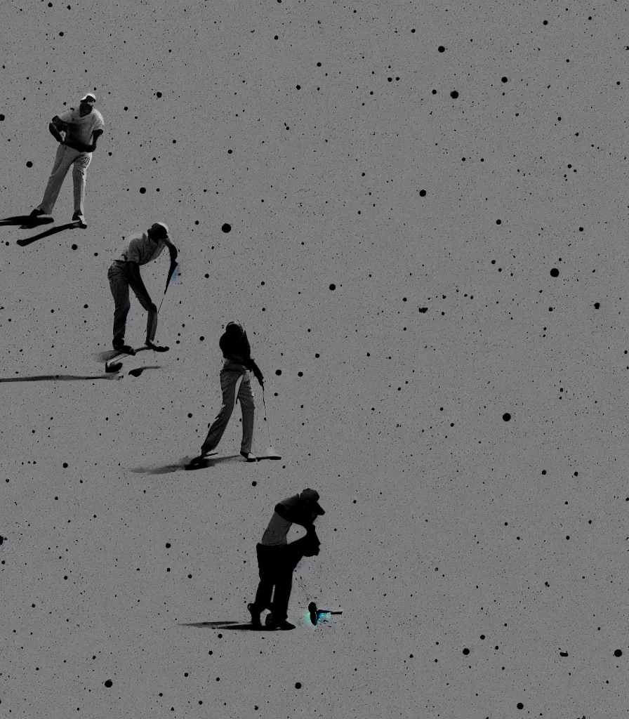 Prompt: an artwork of Tiger Woods and Jack Nicklaus playing golf on mars gazing into a universe full of nebular made by andy warhol, high detail, 4k resolution, nasa