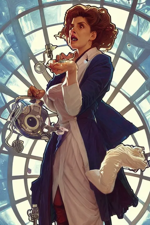 Image similar to doctor who, woman as a mad dentist in the tardis, art by artgerm and greg rutkowski and alphonse mucha