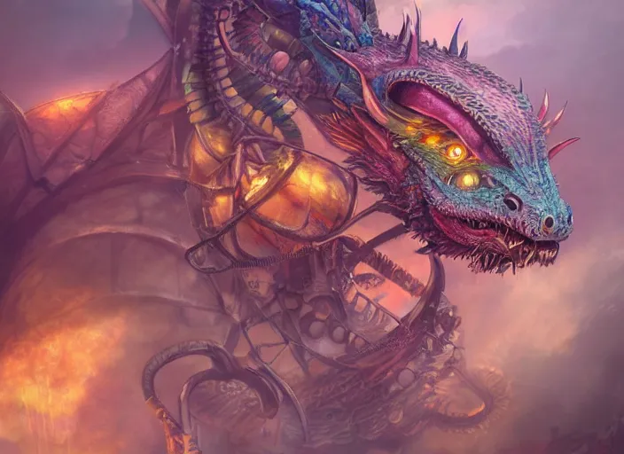 Prompt: detailed concept art illustration colorful pastel painting of a steampunk dragon in full intricate detail, ultra detailed, digital art, octane render, 4K, dystopian, micro details