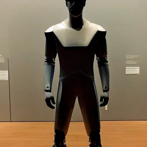 Image similar to “ a realistic detailed photo of a guy who is an attractive humanoid who is half robot and half humanoid, who is a male android, actor liam hemsworth, shiny skin, posing like a statue, blank stare, at the museum, on display ”