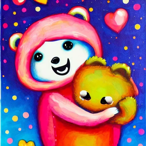 Image similar to a jeremiah ketner acrylic impasto!! illustration of an adorable and cute bear eating candy