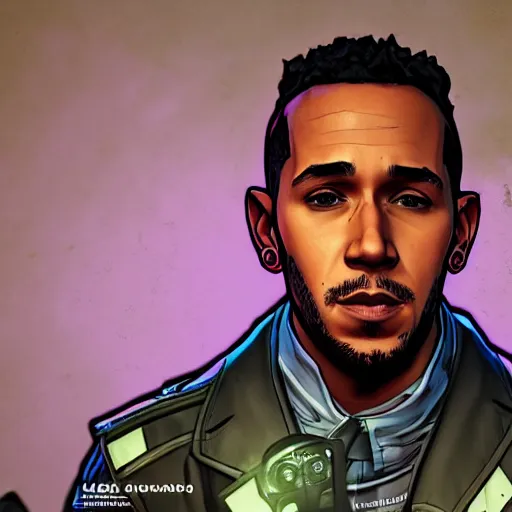 Image similar to lewis hamilton portrait, borderlands, tales from the borderlands, the wolf among us, comic, cinematic lighting, studio quality, 8 k