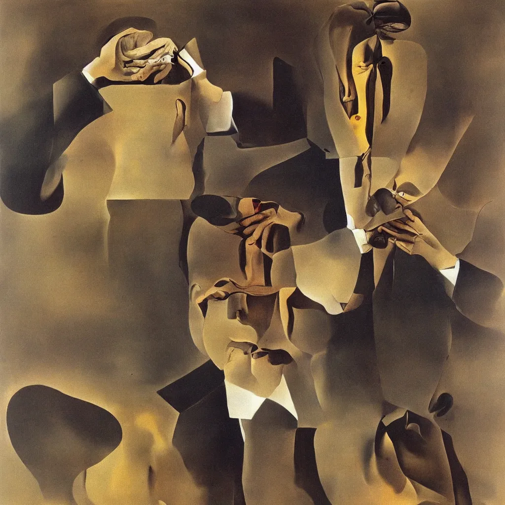 Prompt: Man in a business suit with a bag covering his head, by Salvador Dali