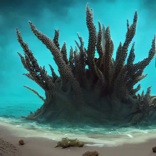 Prompt: stunning cinematic wide shot of a sea of fulgurites surrounding a beautiful slick sea creature, on a beach. fulgurites towering over the creature, well designed perfect with slick led eyes, wearing kelp, sharp claws, hd octane render, fantasy, furry art, artstation, deviantart, furaffinity