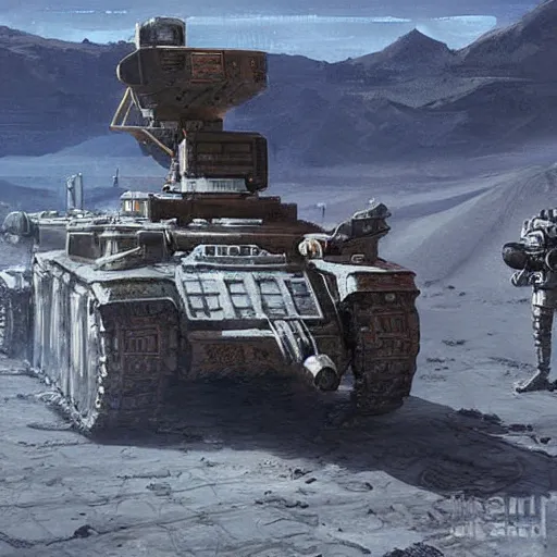 Image similar to Tanks playing chess on the moon oil painting by Greg Rutkowski