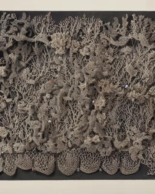 Image similar to a coral reef, made of intricate decorative lace leaf skeleton, in the style of the dutch masters and gregory crewdson, dark and moody