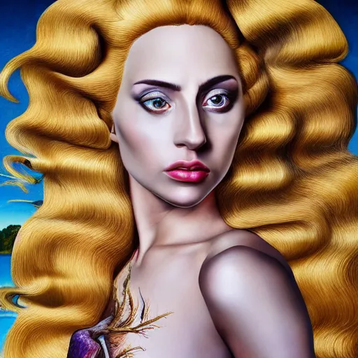 Image similar to photo realistic, hyper realism, lady gaga artpop act ii album, intricate detail, hyper detail, sandro botticelli style, with honey light brown rapunzel hair, detailed, masterpiece, sharp focus,