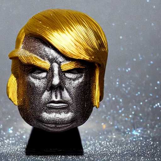 Image similar to Donald Trump with silver-violet hair, white eyes and golden glittery dress, wide lens, diorama, 4k,