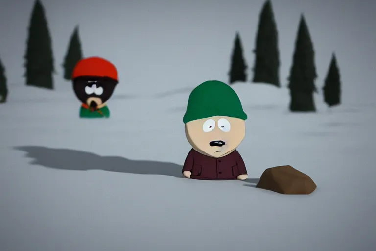 Image similar to a famous scene from Southpark portrayed in clay, 3d render, unreal engine