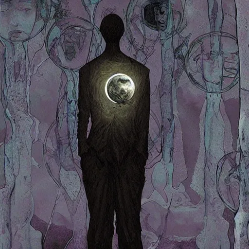 Prompt: looking at the full moon, transparent soul leaving the body, art by loish, dave mckean