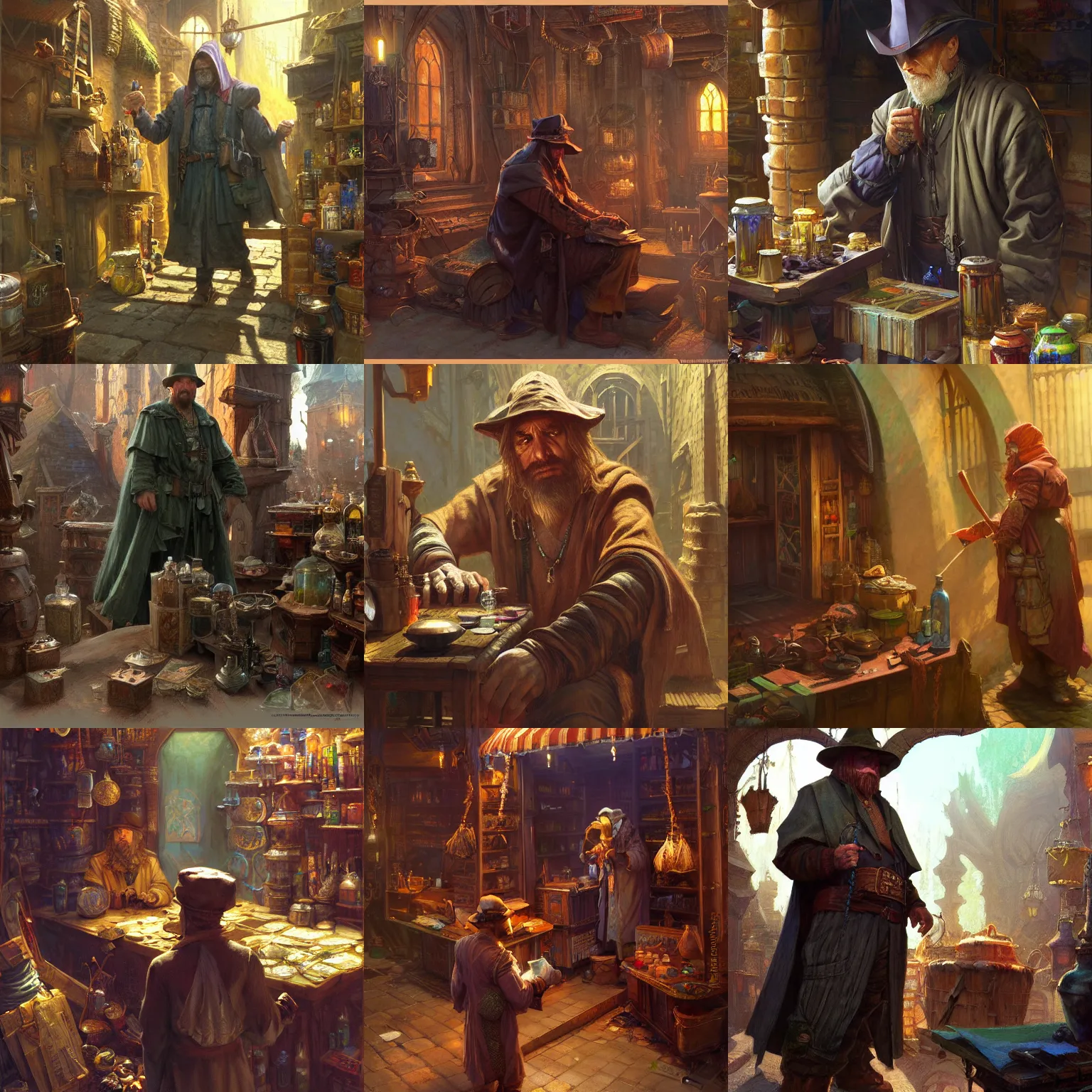 Prompt: The Shady Merchant Offers you his wares, fantasy character art by Donato Giancola, Craig Mullins, digital art, trending on artstation