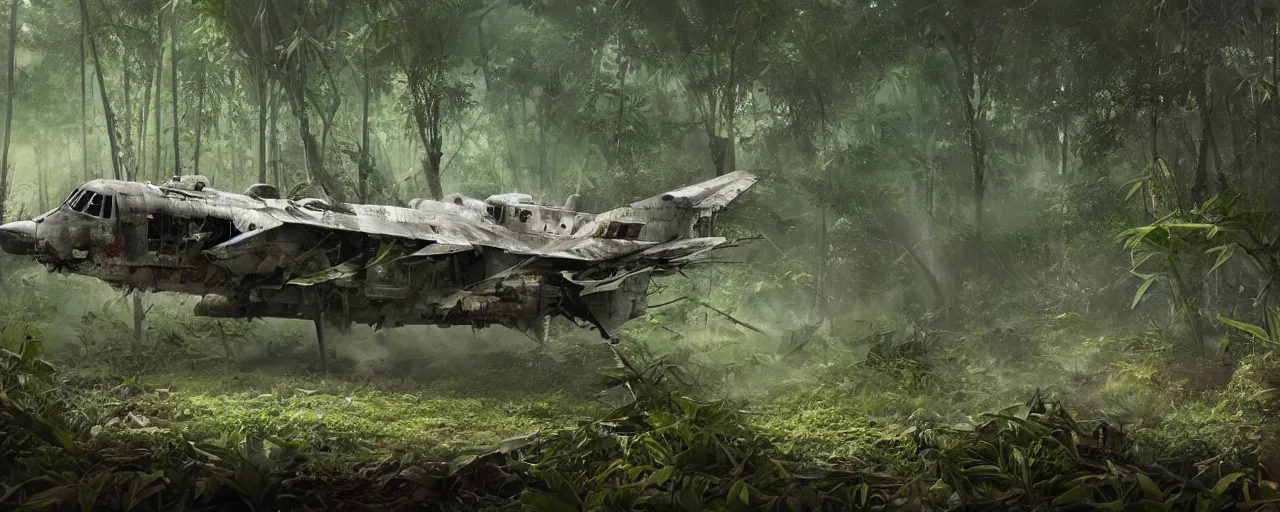 Image similar to an intricate concept art of a crashed military plane in the middle of a bamboo jungle, artstation, sci - fi, hyper realistic, concept art, art by dylan cole, cinematic lighting, octane render