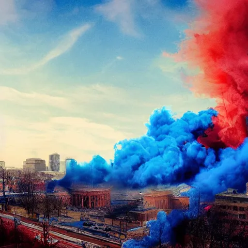 Image similar to dystopian, destroyed washington dc, real, blue sky, smoke, red clouds, detailed, award winning, masterpiece, photograph, cinematic, hyperrealism