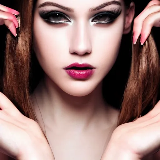 Image similar to Photo of a model,hands, bold, self confidence, cinematic, light makeup focus