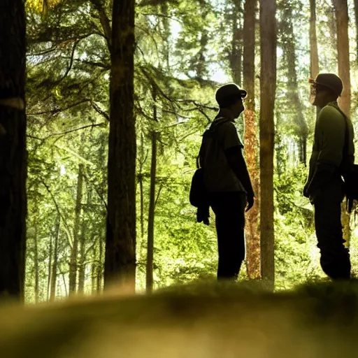 Image similar to two figures meeting in a sunny safe clearing in a dark dangerous forest