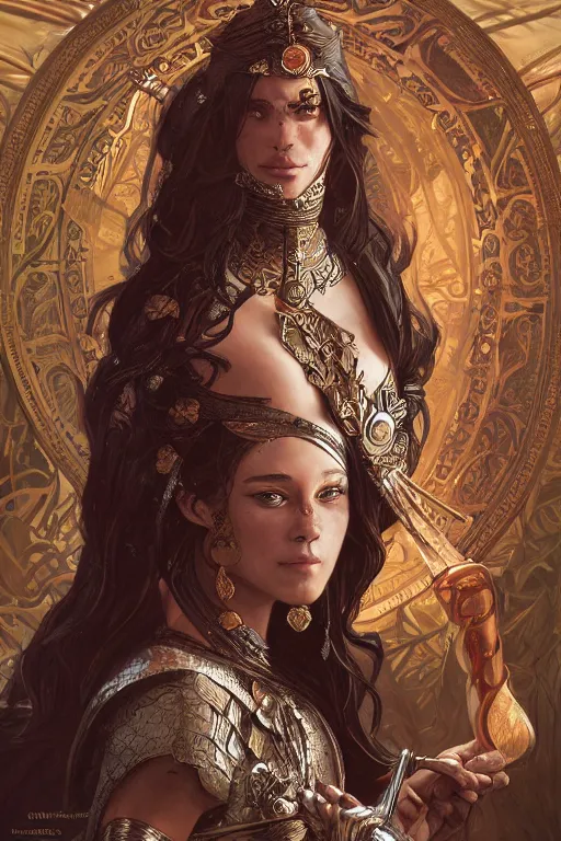 Prompt: a portrait of a anthropomorphic an ancient mesopotamia warrior goddess, D&D, fantasy, intricate, highly detailed, digital painting, artstation, concept art, smooth, sharp focus, illustration, art by artgerm and greg rutkowski and alphonse mucha