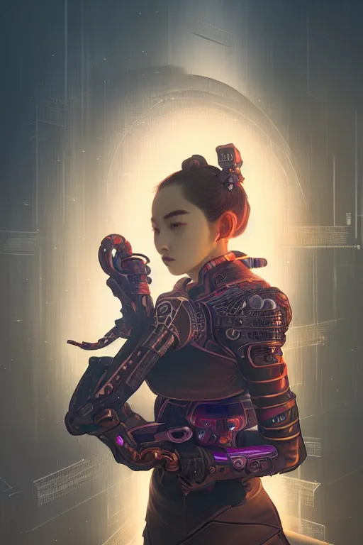 Image similar to portrait futuristic Samurai Girl, in future cyberpunk tokyo rooftop , ssci-fi, fantasy, intricate, very very beautiful, elegant, human anatomy, neon light, highly detailed, digital painting, artstation, concept art, smooth, sharp focus, illustration, art by tian zi and WLOP and alphonse mucha