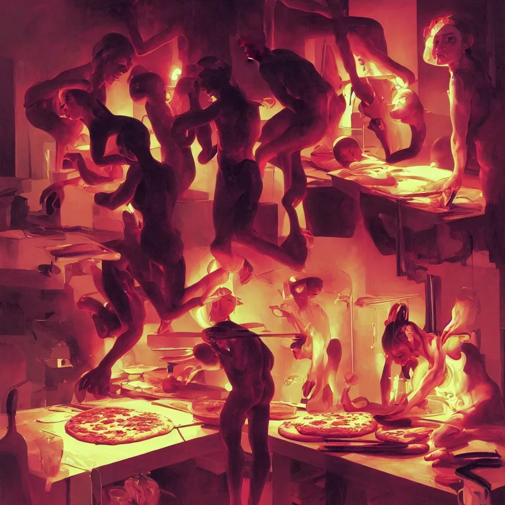 Image similar to weird and disturbing portrait of nick cave baking pizza, vivid colors, death, neon, art by ( ( ( kuvshinov ilya ) ) ) and wayne barlowe and francis bacon and artgerm and wlop and william - adolphe bouguereau