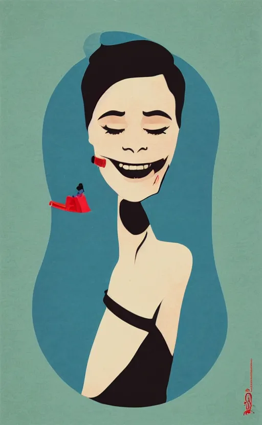 Image similar to illustration portrait of a woman with white pixie cut laughing out loud, art deco painting by tom whalen, funny meme photo, trending on behance, digital illustration, storybook illustration, grainy texture, flat shading, vector art, airbrush, pastel, watercolor, poster