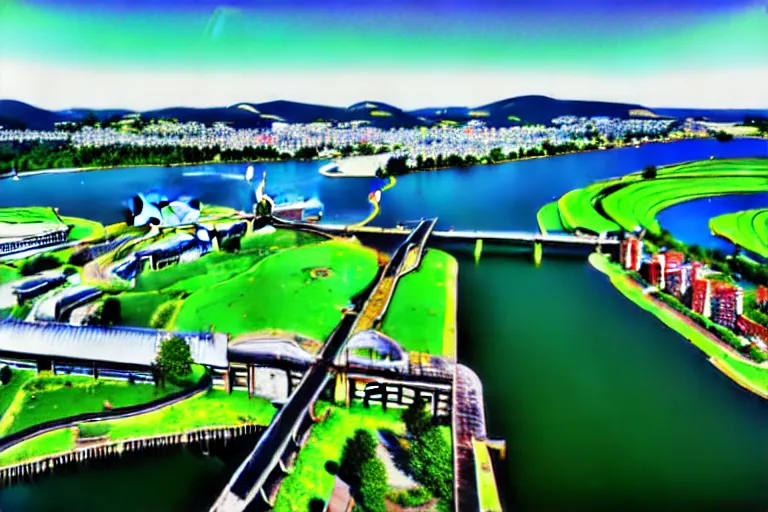 Image similar to bird's eye view photography of a small city. town hall, central farm, monorail station, inlet and shipping dock. hills, woods and pond to the north.