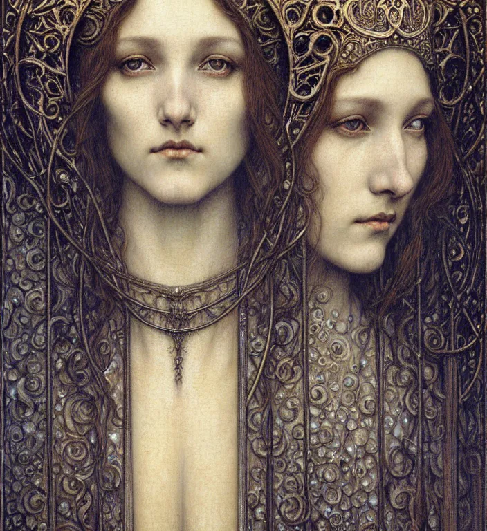 Image similar to detailed realistic beautiful young medieval queen face portrait by jean delville, gustave dore and marco mazzoni, art nouveau, symbolist, visionary, gothic, pre - raphaelite. horizontal symmetry