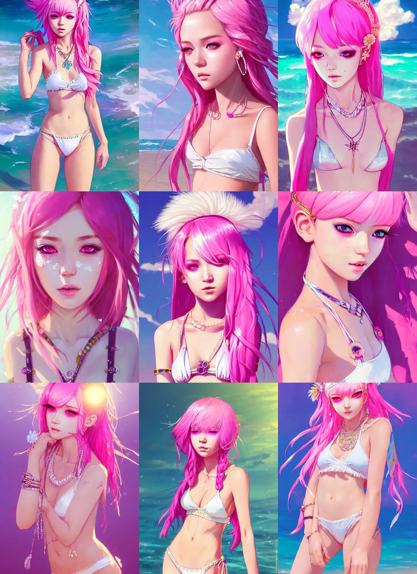 Prompt: portrait of a beautiful stunning girl with pink hair with boho accessories, in white reflective bikini at beach, glossy, top lighting, cute face, big eyes, highly detailed, seraphine ahri kda, art by krenz and wenjun lin and starember and kuvshinov ilya and kidmo and rossdraws and artgerm