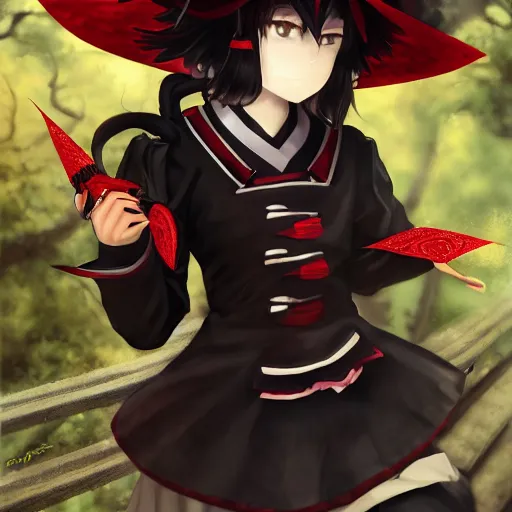 Prompt: touhou aya shameimaru portrait of a female crow tengu journalist with short black hair and a tiny red hexagonal hat, wearing a white shirt and a black and autumn leaf patterned skirt, beautiful and detailed digital art, 4 k hd, ross tran, bo chen, rebecca oborn, michael whelan