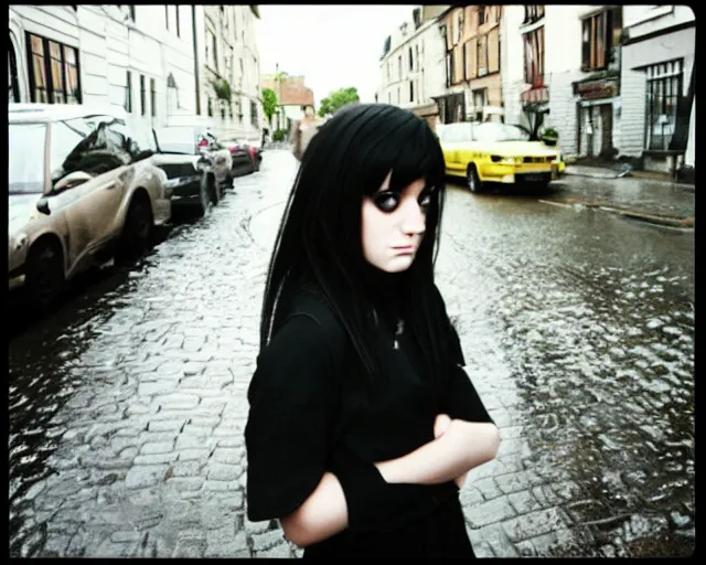 Prompt: poor quality digital photo of an emo girl, black hair, sunny day after rain, british street, 2 0 0 7