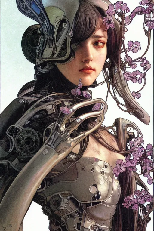 Prompt: realistic detailed face portrait of one sublime beautiful fiction heroine with few parts of alien like cyberpunk armor, minimal sleek design armor style, by moebius, alphonse mucha, ayami kojima, amano, greg hildebrandt, and mark brooks, feminine, sexy, female, seductive, art nouveau, cyberpunk, neo - gothic, gothic, character concept design