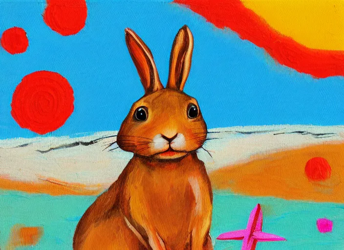 Prompt: rabbit, beach, serene, happy, artwork, acrylic paint, dichromatism, post processing