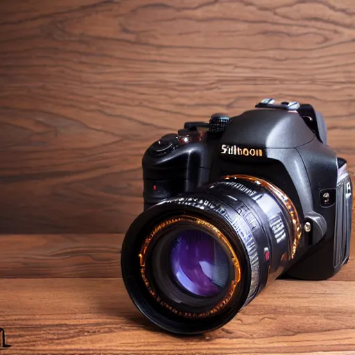 Prompt: a steampunk dslr camera on a wooden table, studio light, edge lit, detailed, product photography