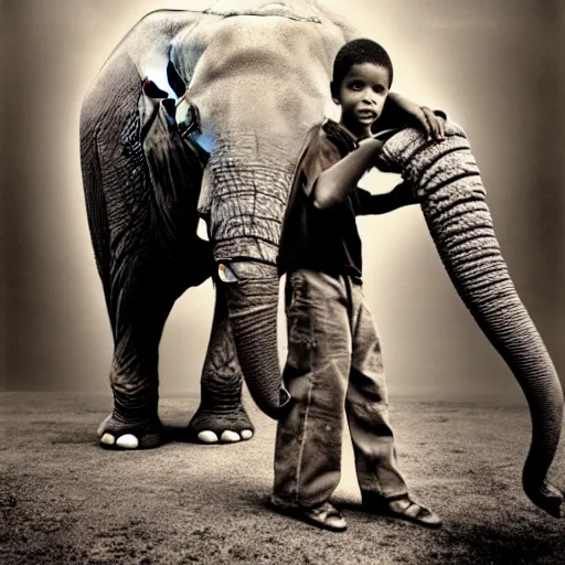 Image similar to a highly detailed photo by annie leibowitz of a small boy standing next to an elephant with an extremely long trunk