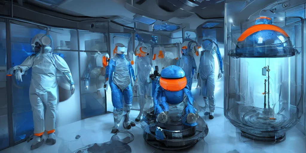 Image similar to team of sci - fi scientists in blue bio - hazard suits research creepy alien in stasis capsule filled water with orange light, high detail, dark environment, volumetric light, unreal engine 5, digital art