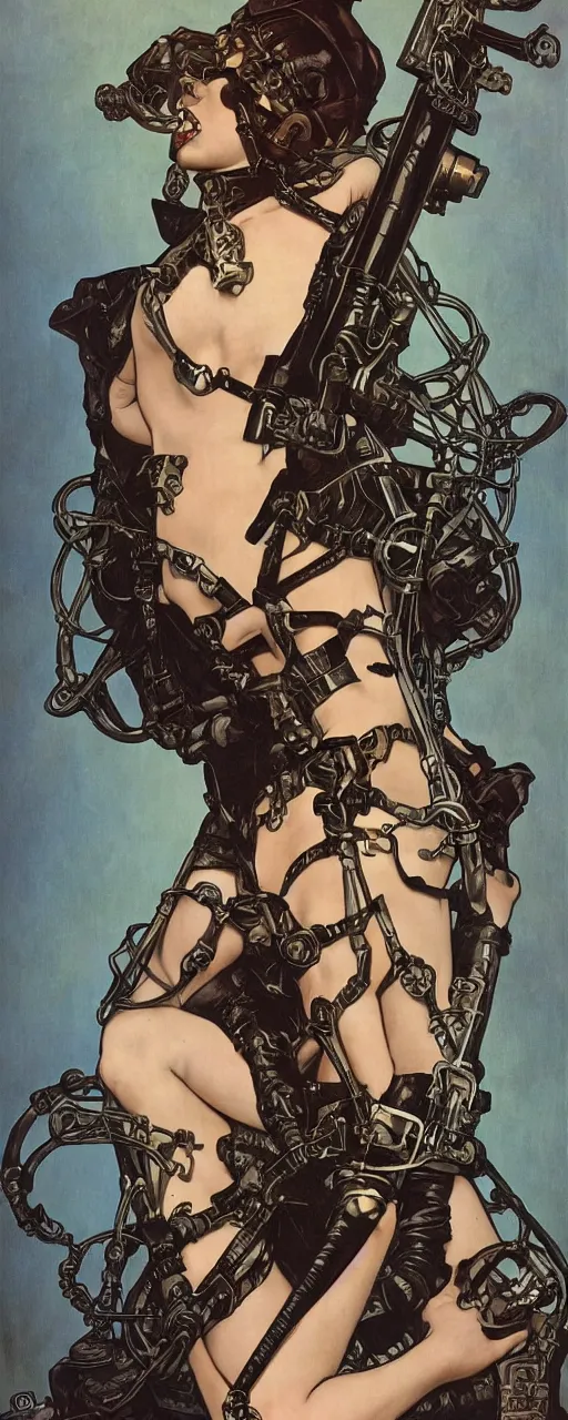 Image similar to striking sensual industrial art nouveau style portrait of kitty pryde as an ironpunk black metal rebel soldier by micgael kaluta, simon bisley and alphonse mucha, photorealism, extremely hyperdetailed, perfect symmetrical facial features, perfect anatomy, ornate declotage, weapon, latex, excited expression, wild eyes