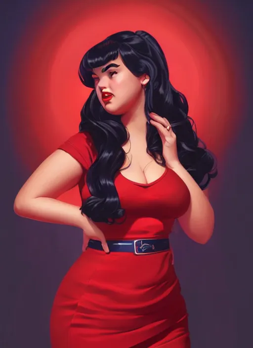 Image similar to full body portrait of teenage veronica lodge, obese, bangs, sultry, realistic, sultry smirk, wavy hair, red skirt, fat, belly, intricate, elegant, glowing lights, highly detailed, digital painting, artstation, concept art, smooth, sharp focus, illustration, art by wlop, mars ravelo and greg rutkowski