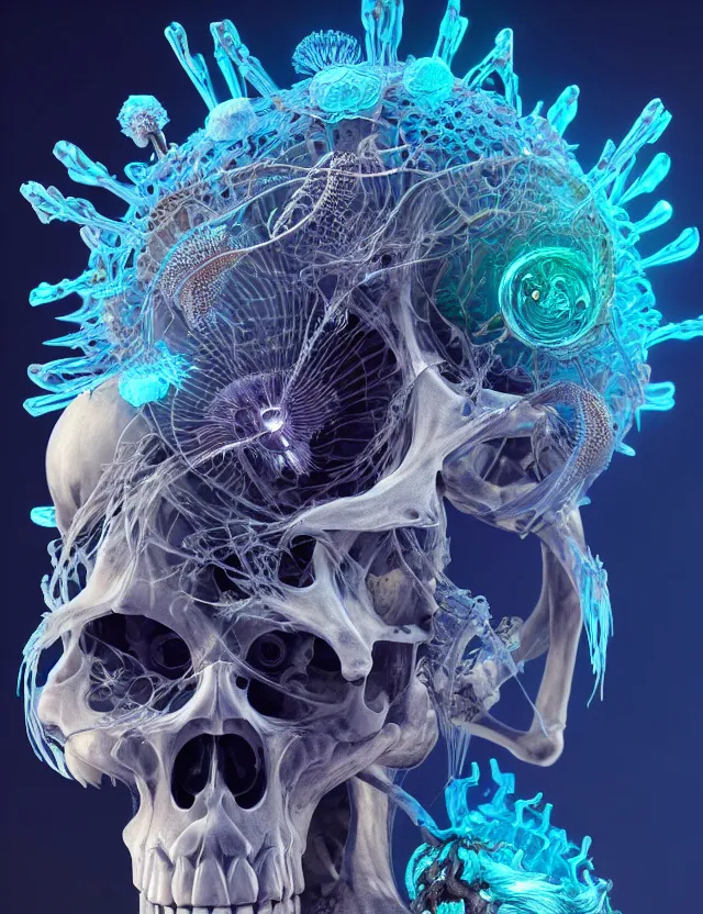 Prompt: 3 d goddess skeleton macro close - up portrait with crown made of ram skull. betta fish, jellyfish phoenix, bioluminiscent fire, plasma, ice, water, wind, creature, super intricate ornaments artwork by tooth wu and wlop and beeple and greg rutkowski